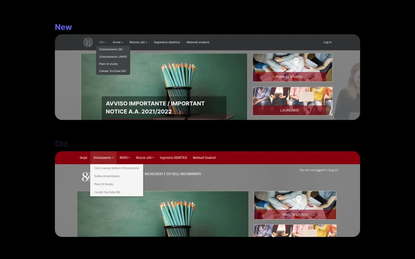 Immagine di paragone della barra di navigazione del DEI